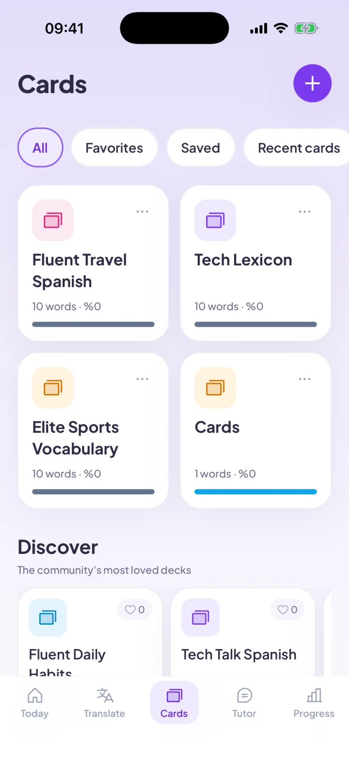The Cards tab showing generated Spanish decks.