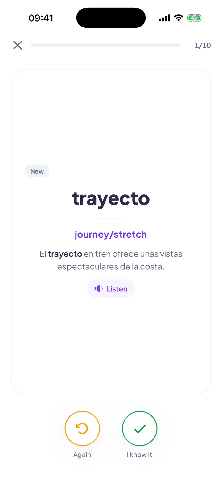 A flashcard with a word, its meaning, an example sentence and a listen button.