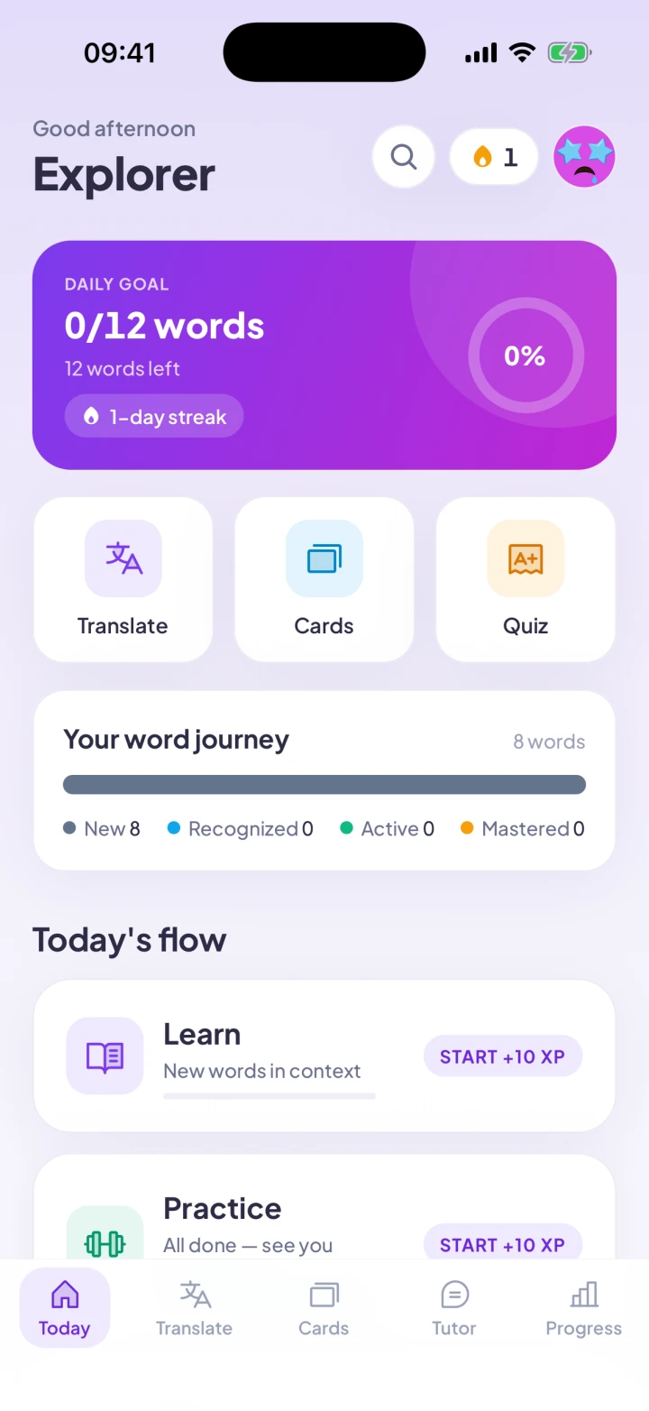 The Vocab Master home screen showing a daily goal and today’s learning flow.