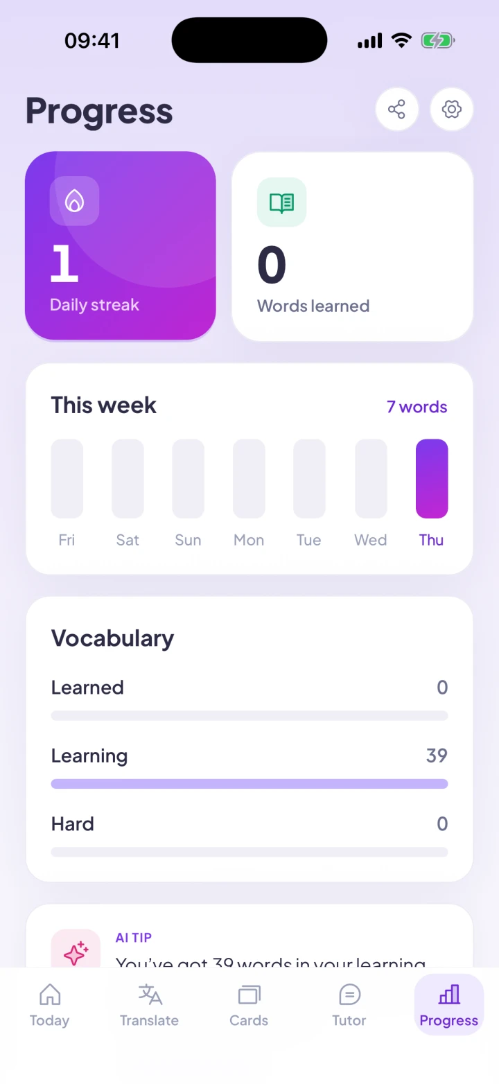 The Progress tab with a streak, words learned and a weekly chart.
