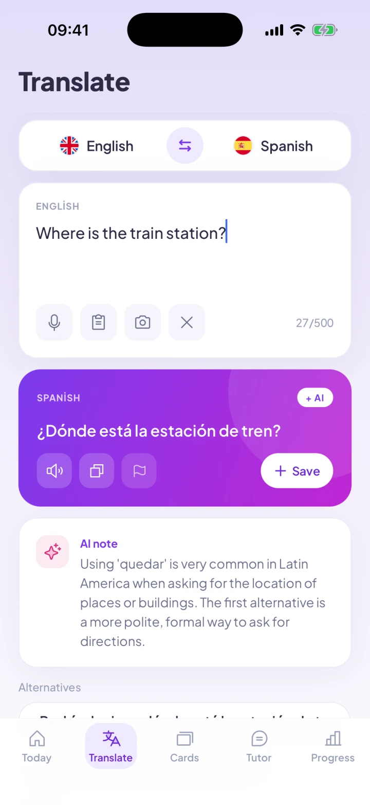 Vocab Master translating “Where is the train station?” into Spanish, with alternatives and an AI usage note.