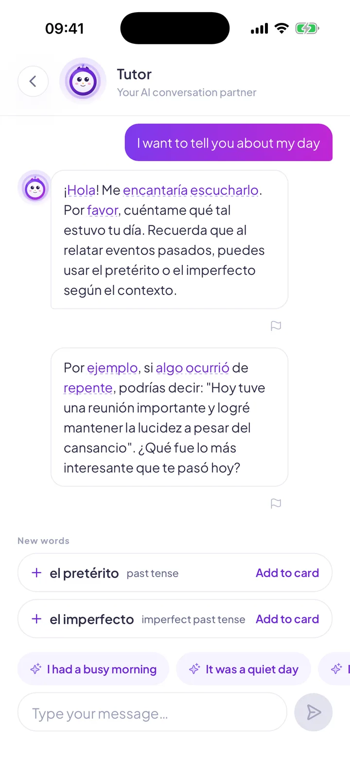 A tutor chat: the reply, tappable words, and new words to save.